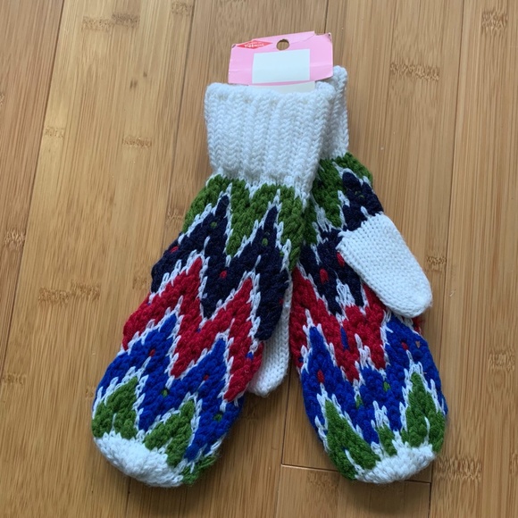 Vintage 1970s Blue Green Red White Bulky Knit Tiffani Mittens Winter Gloves - Picture 3 of 14